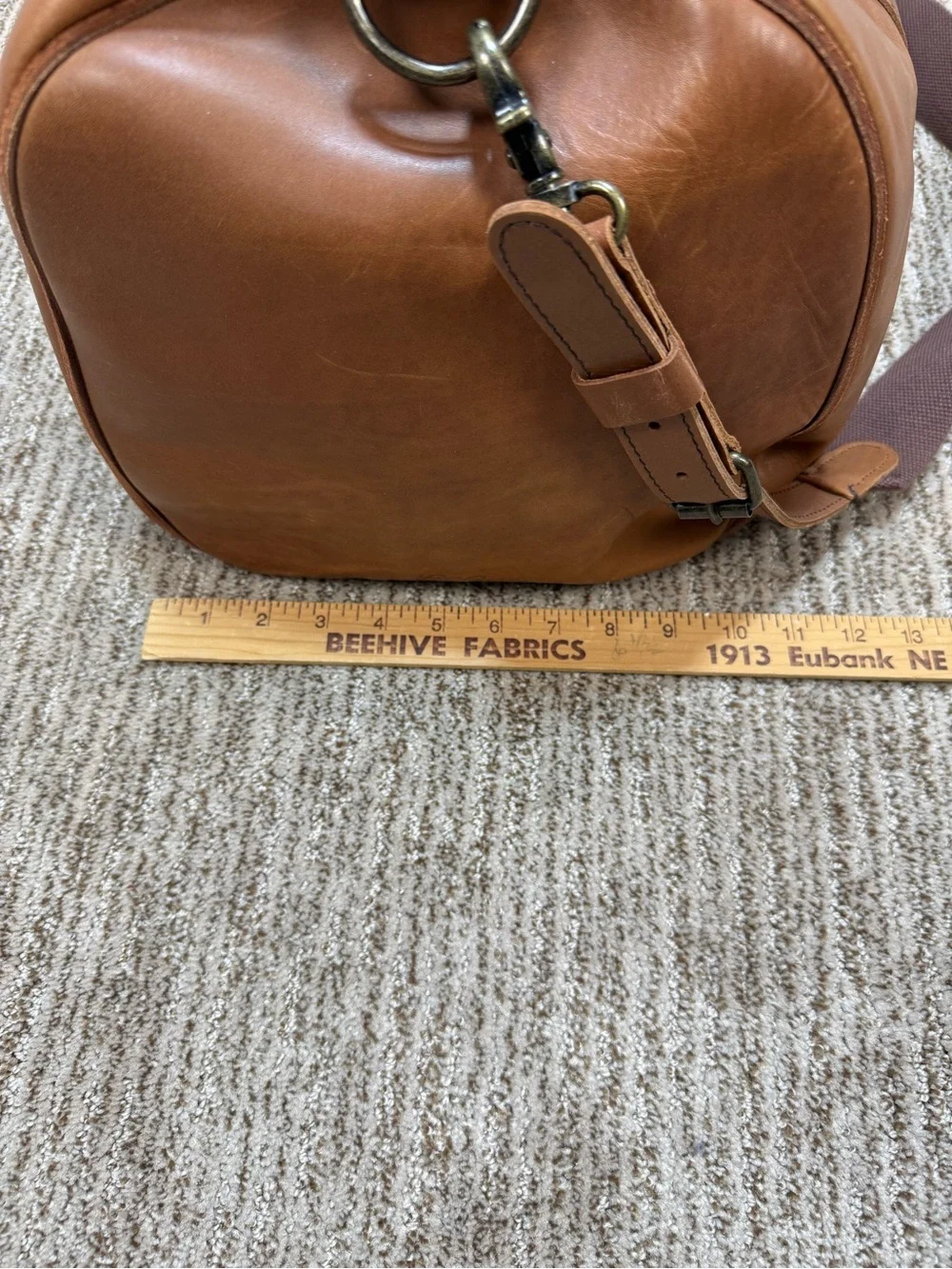 L.L. Bean Signature Cognac Brown Leather‎ Travel Duffle Weekender Canvas Lined